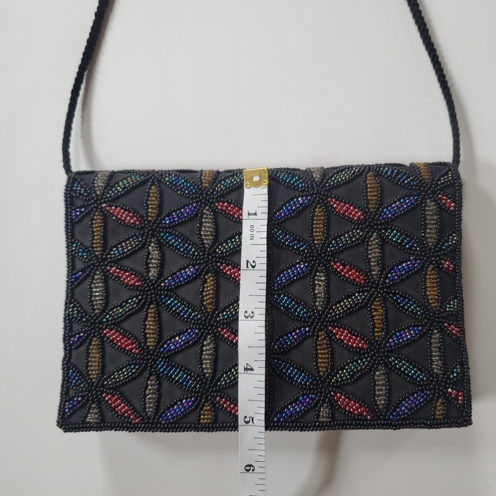 Beaded Geometric Pattern Dressy Purse Evening Bag Black and Jewel Tones. - Picture 10 of 10